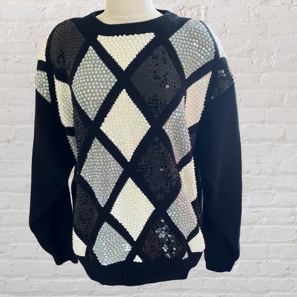 Vintage Alfred Dunner diamond pattern sweater with beads and sequins